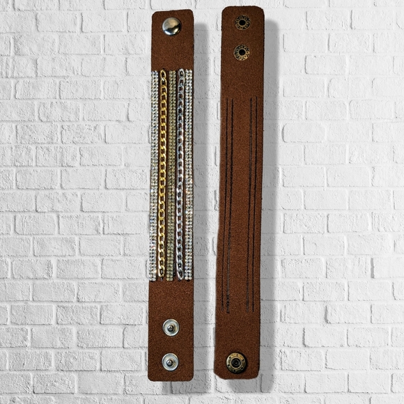 A7 Silver Crystal Gold Rhinestone Suede Wrap New Brown Bracelet Adjustable A7 - Picture 8 of 16